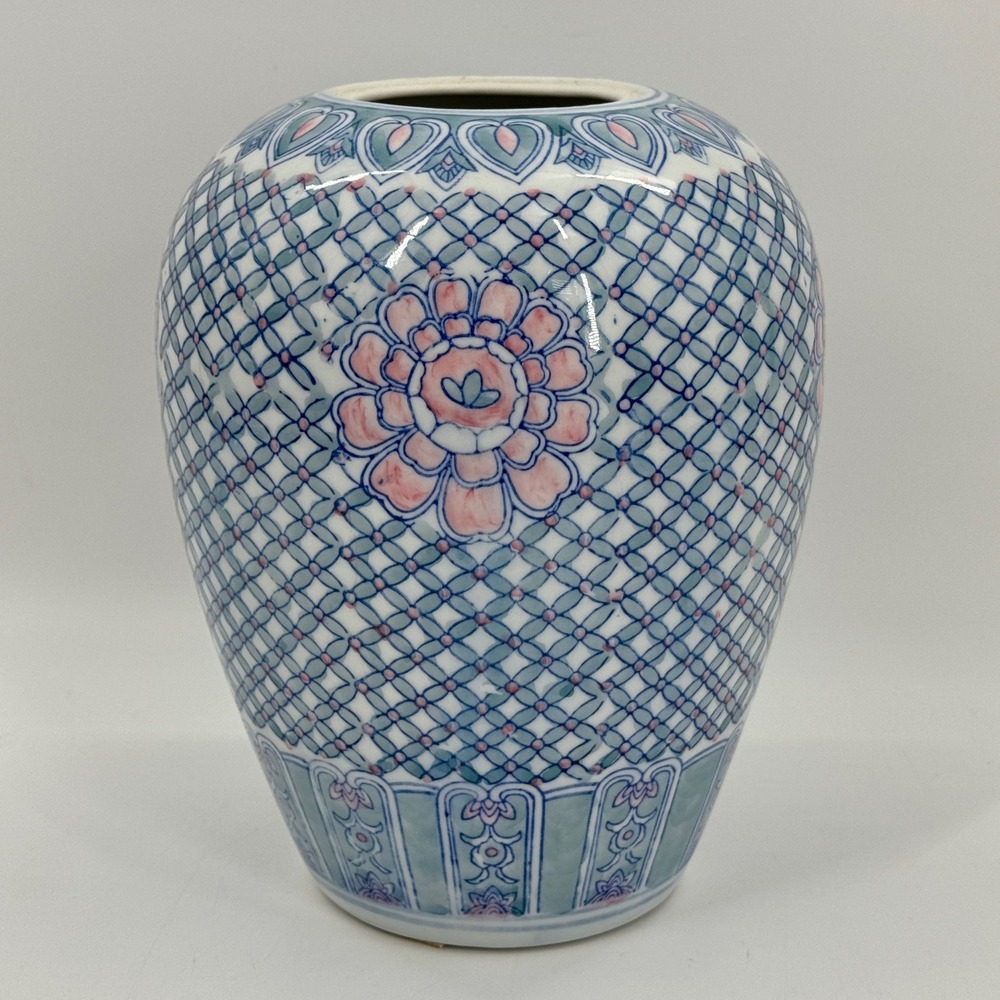 Vintage Blue White Pink Chinoiserie Ginger Jar Vase Ceramic 9" No Lid